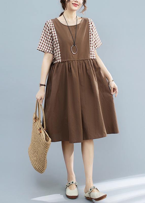 French Chocolate Patchwork Plaid  Maxi Summer Cotton Dress - Omychic