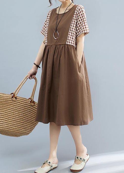 French Chocolate Patchwork Plaid  Maxi Summer Cotton Dress - Omychic