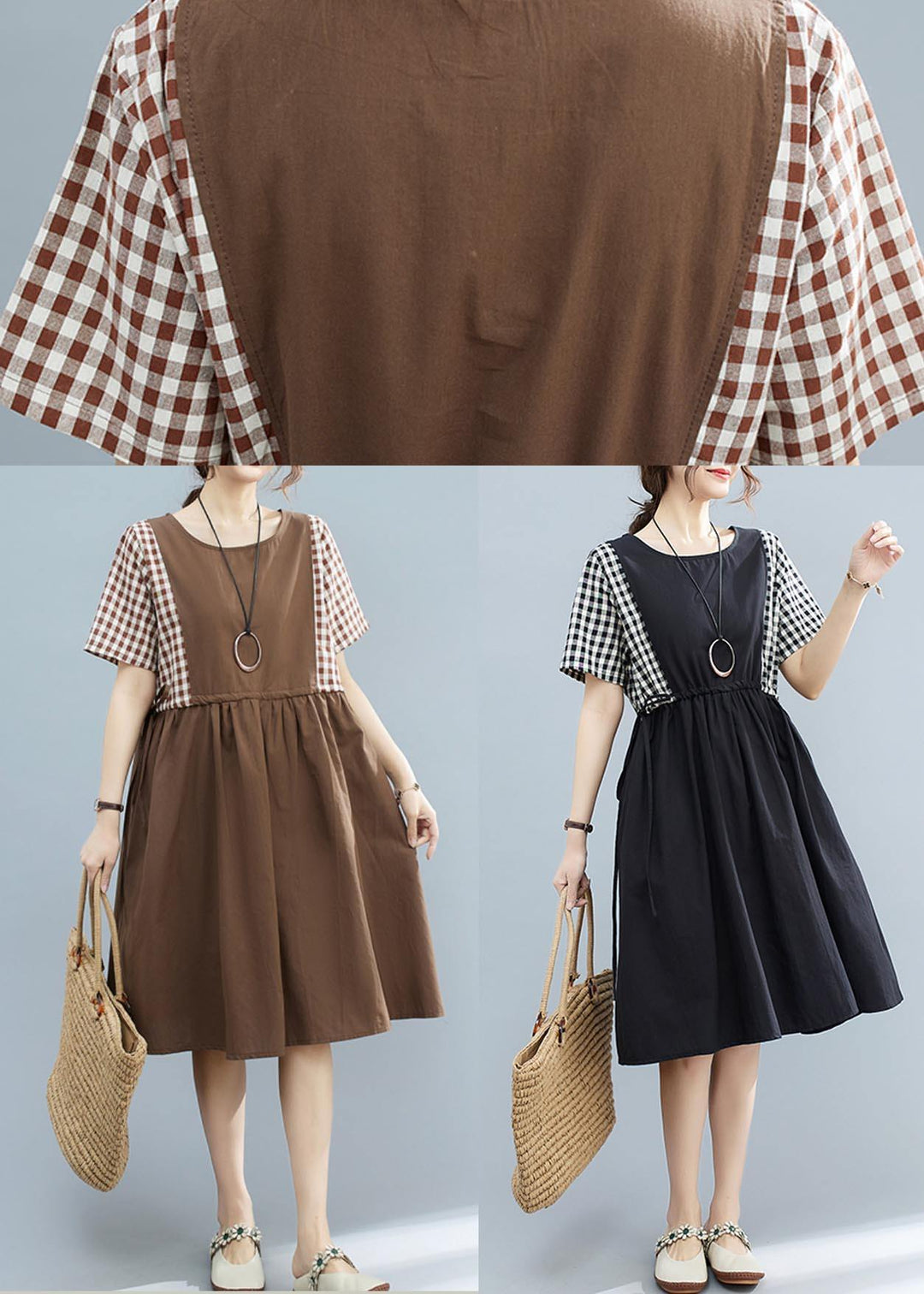 French Chocolate Patchwork Plaid  Maxi Summer Cotton Dress - Omychic