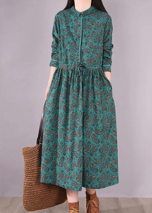 French Clothes Metropolitan Museum 100% Cotton Retro Lace-up Green Print Long Dress - Omychic