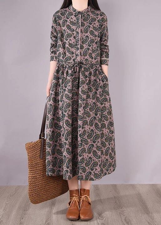 French Clothes Metropolitan Museum 100% Cotton Retro Lace-up Green Print Long Dress - Omychic