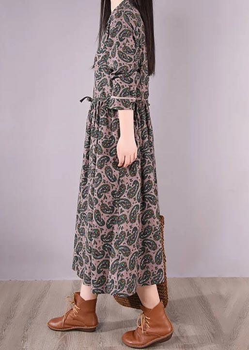 French Clothes Metropolitan Museum 100% Cotton Retro Lace-up Green Print Long Dress - Omychic
