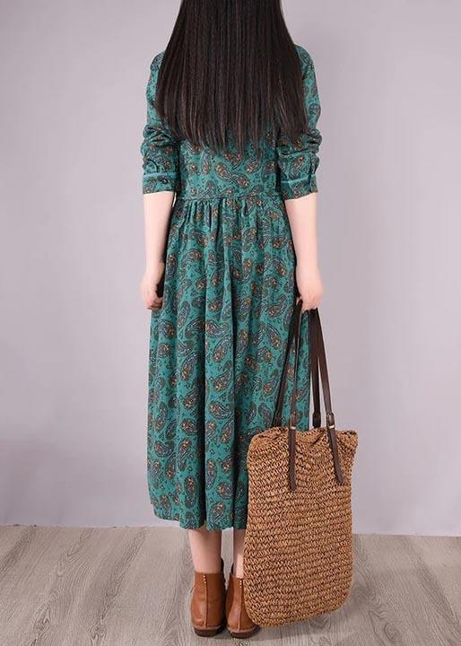 French Clothes Metropolitan Museum 100% Cotton Retro Lace-up Green Print Long Dress - Omychic