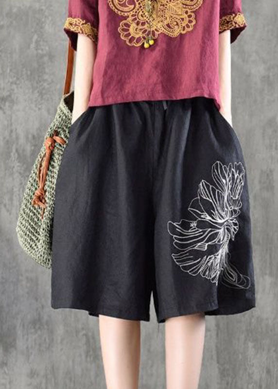 French Coffee Embroideried Pockets Patchwork Linen Shorts Summer
