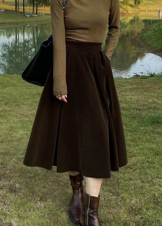 French Coffee High Waist Pockets Patchwork Silk Velour Skirt Fall