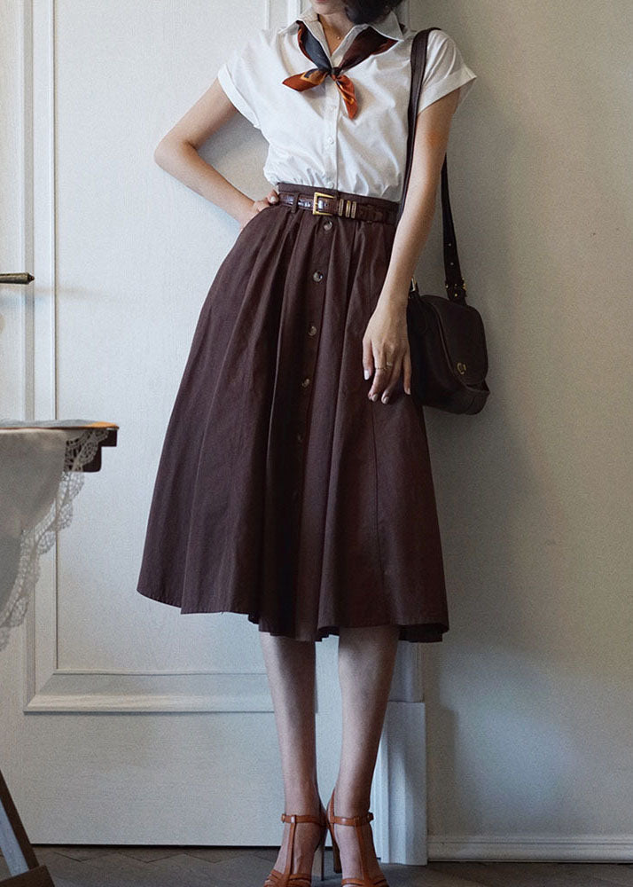French Coffee High Waist Single Breasted Cotton A Line Skirts Spring