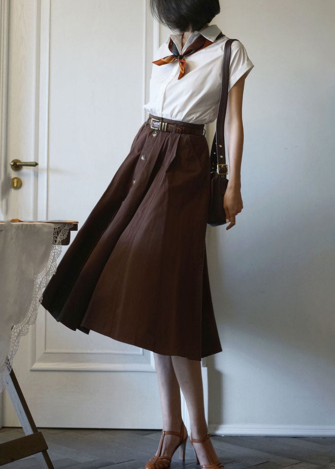 French Coffee High Waist Single Breasted Cotton A Line Skirts Spring