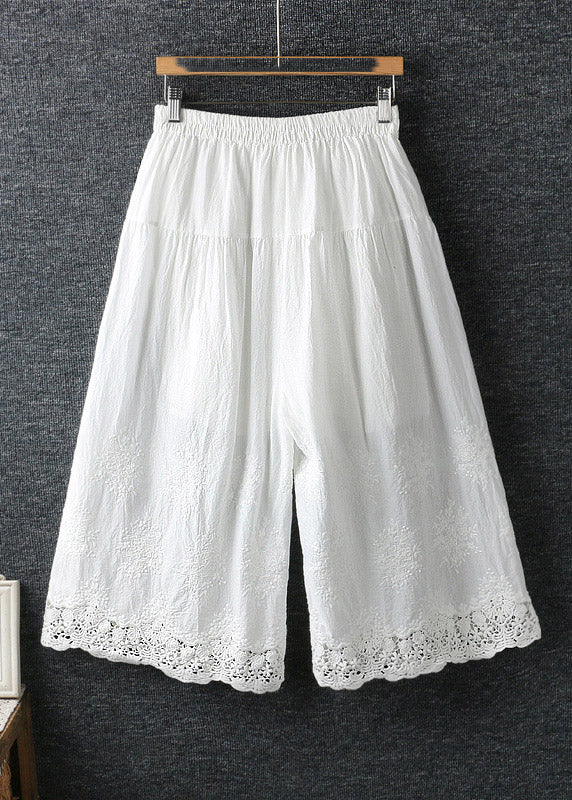 French Coffee Hollow Out Patchwork Elastic Waist Cotton Wide Leg Pants Summer