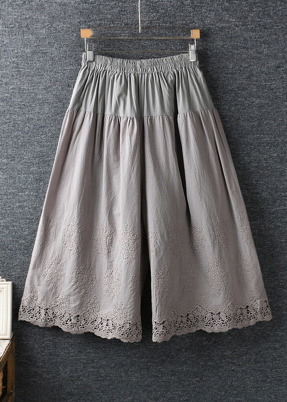 French Coffee Hollow Out Patchwork Elastic Waist Cotton Wide Leg Pants Summer
