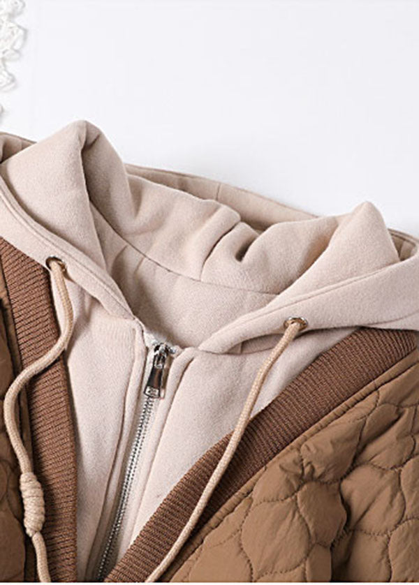 French Coffee Hooded Patchwork Fine Cotton Filled Winter Coats