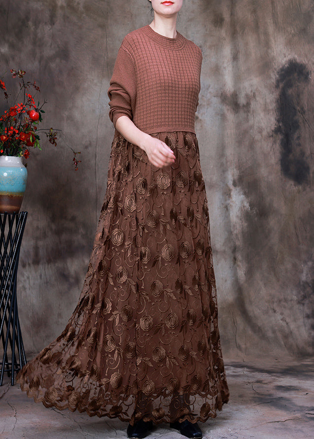 French Coffee O-Neck Embroideried Lace Patchwork Knit Maxi Dress Long Sleeve