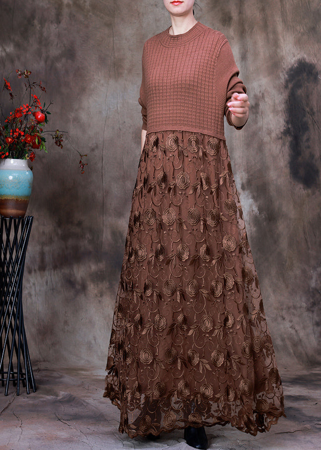 French Coffee O-Neck Embroideried Lace Patchwork Knit Maxi Dress Long Sleeve