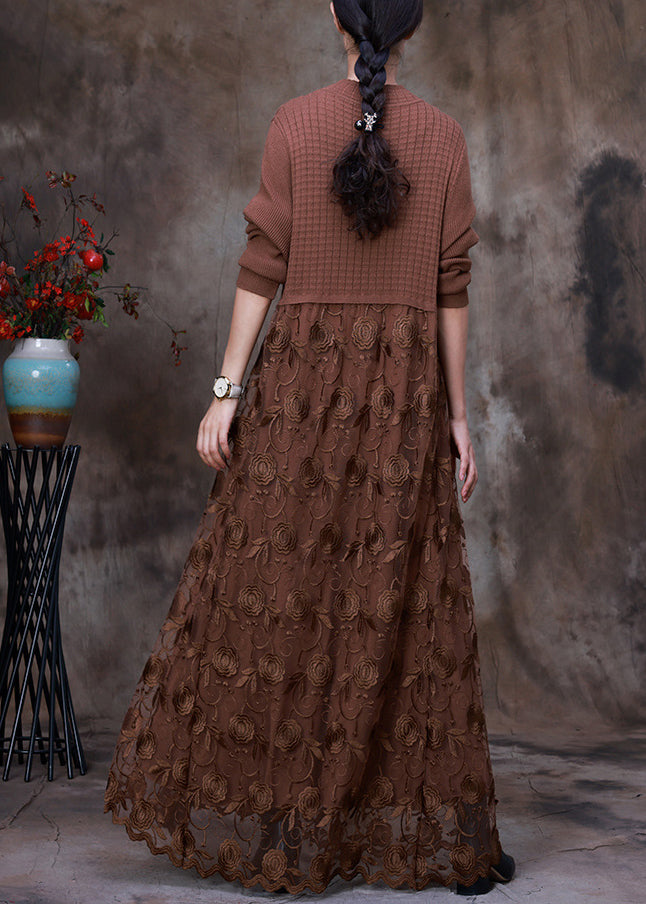 French Coffee O-Neck Embroideried Lace Patchwork Knit Maxi Dress Long Sleeve