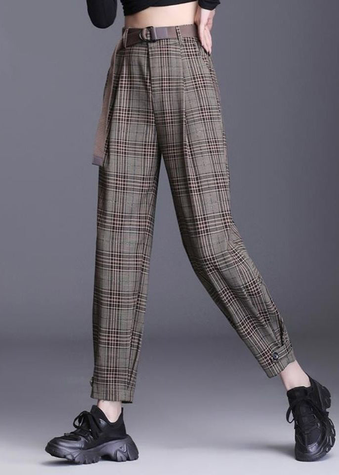 French Coffee Plaid Pockets Cotton Crop Pants Spring