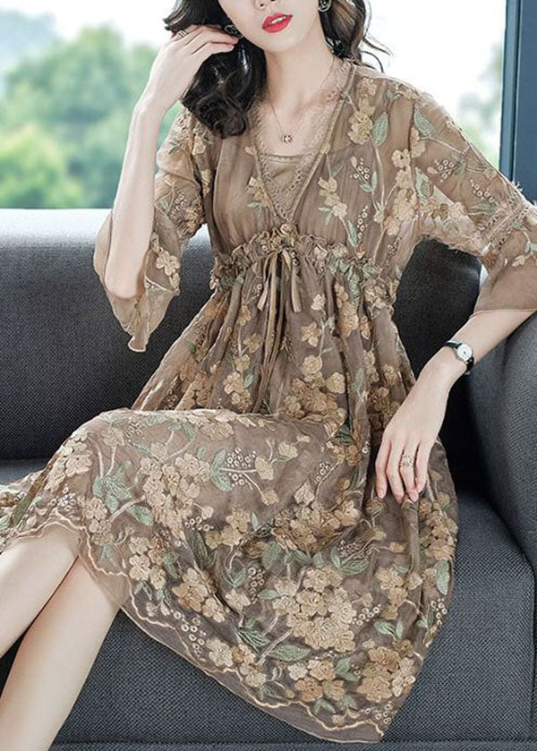 French Coffee Ruffled Embroideried Patchwork Silk Two Piece Set Summer