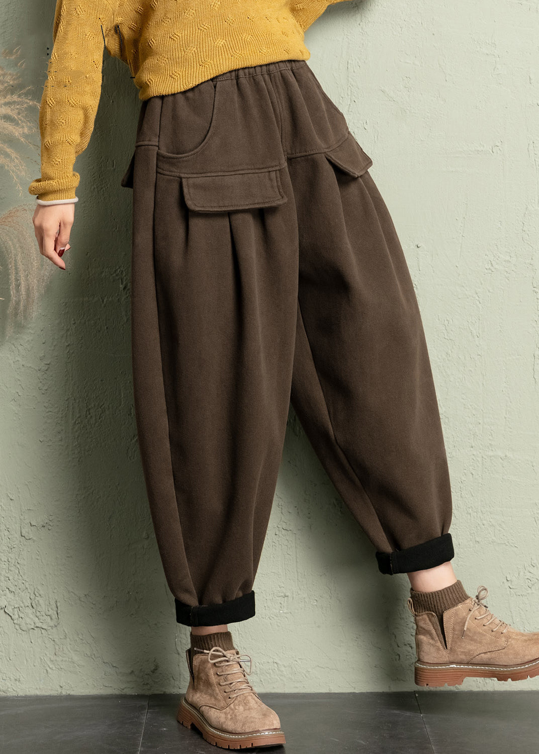 French Coffee Solid Elastic Wais Cotton Harem Pants