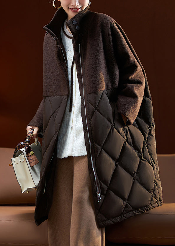 French Coffee Zip Up Pockets Woolen Patchwork Parka Winter