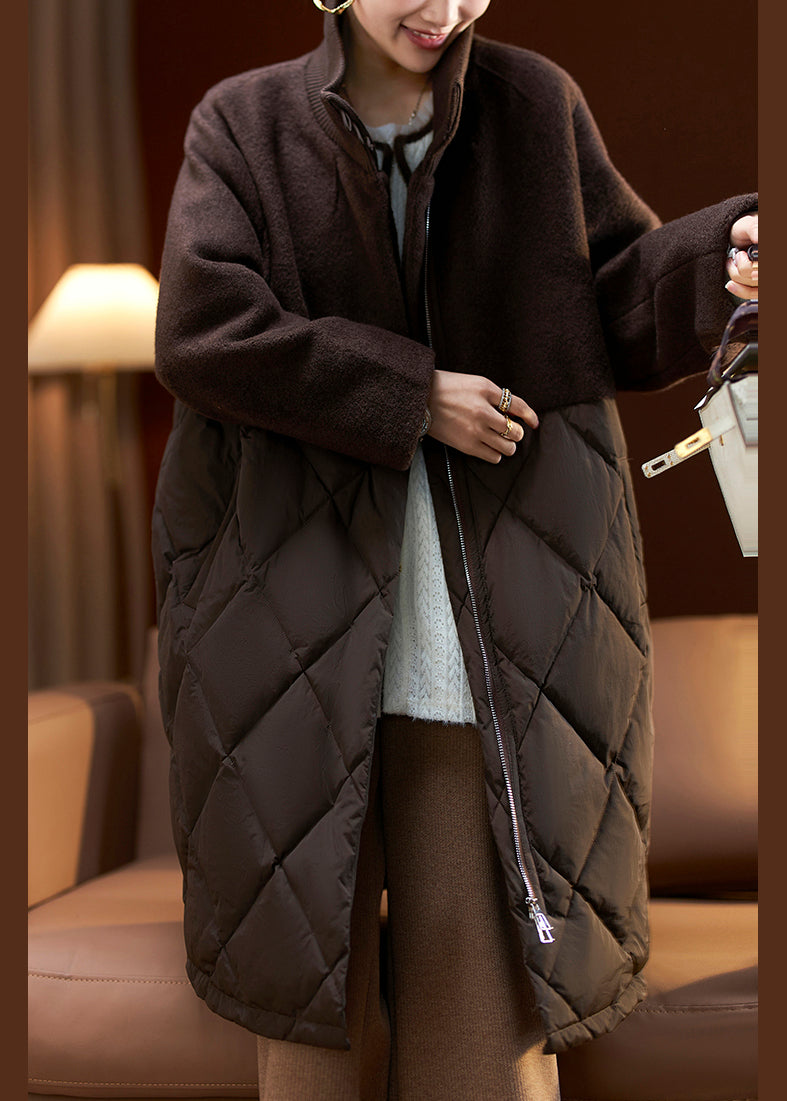 French Coffee Zip Up Pockets Woolen Patchwork Parka Winter