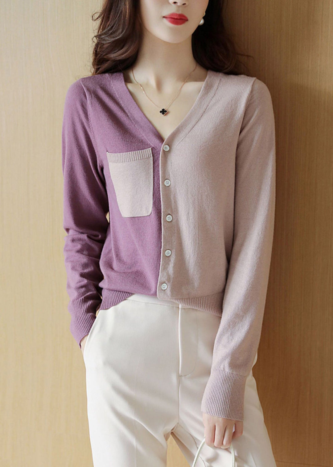 French Colorblock Asymmetrical Button Patchwork Knit Coats Long Sleeve