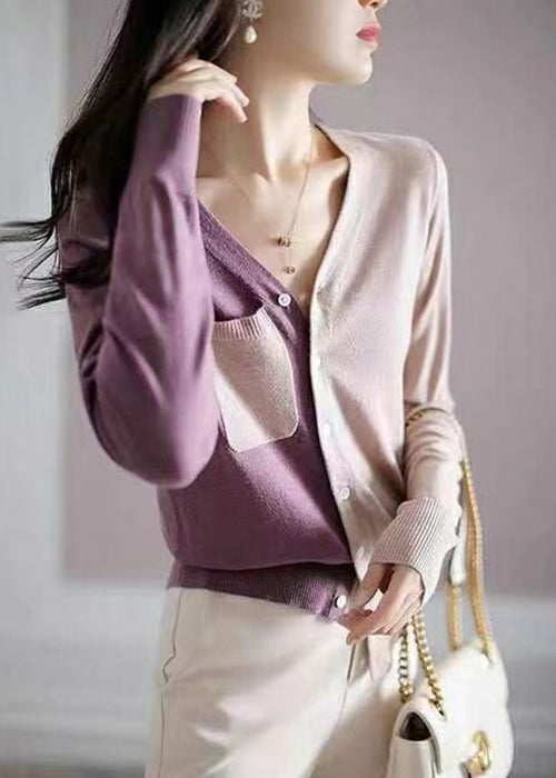 French Colorblock Asymmetrical Button Patchwork Knit Coats Long Sleeve