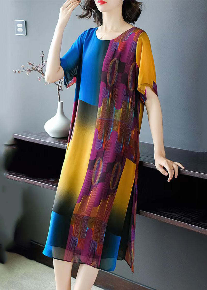 French Colorblock O-Neck Side Open Print Chiffon Holiday Dress Half Sleeve