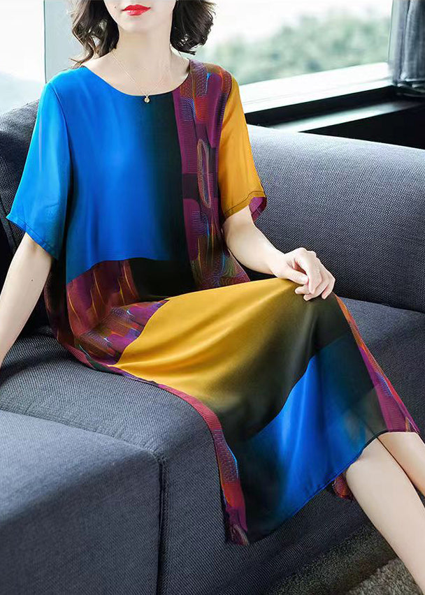 French Colorblock O-Neck Side Open Print Chiffon Holiday Dress Half Sleeve