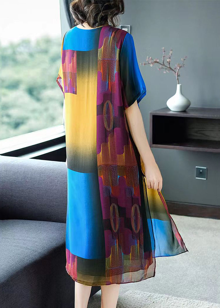 French Colorblock O-Neck Side Open Print Chiffon Holiday Dress Half Sleeve