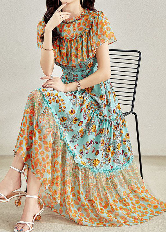 French Colorblock Ruffled Patchwork Print Silk Long Dresses Summer