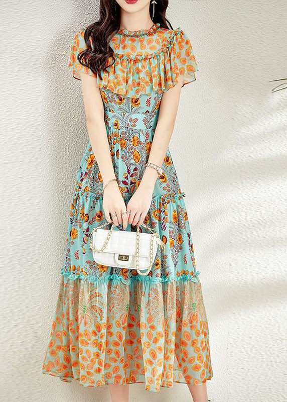 French Colorblock Ruffled Patchwork Print Silk Long Dresses Summer