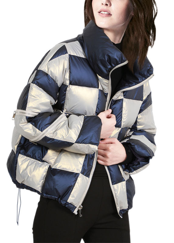 French Colorblock Stand Collar Zip Up Drawstring Plaid Duck Down Puffer Jacket Winter