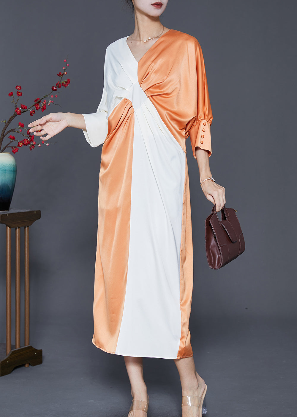 French Colorblock V Neck Patchwork Wrinkled Silk Long Dresses Fall
