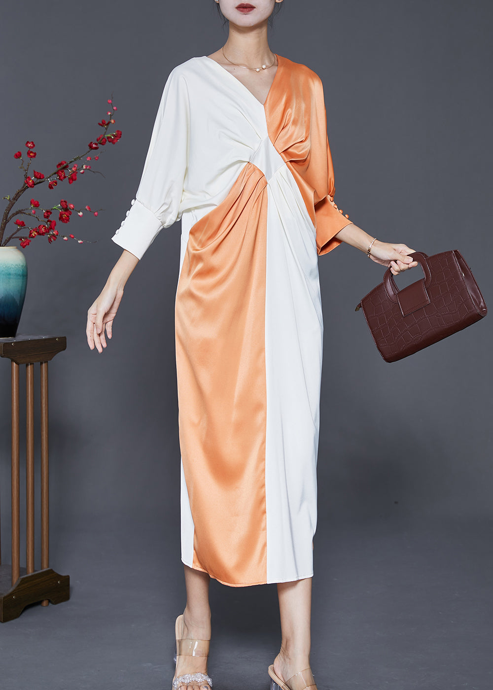 French Colorblock V Neck Patchwork Wrinkled Silk Long Dresses Fall