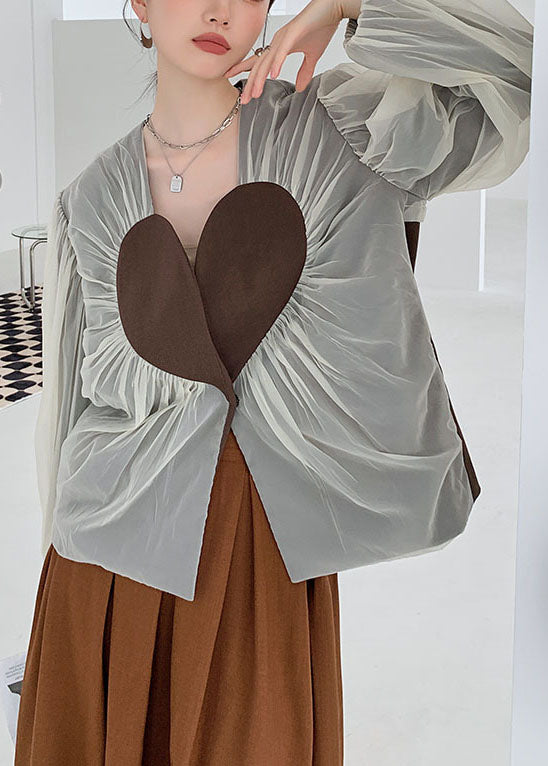 French Colorblock heart Patchwork Wrinkled Tulle Coats Spring