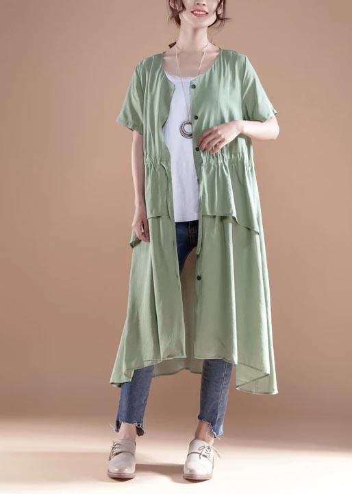 French Cotton Dress V Neck Short Sleeve Casual Green Single Breasted Dress - Omychic