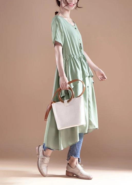 French Cotton Dress V Neck Short Sleeve Casual Green Single Breasted Dress - Omychic