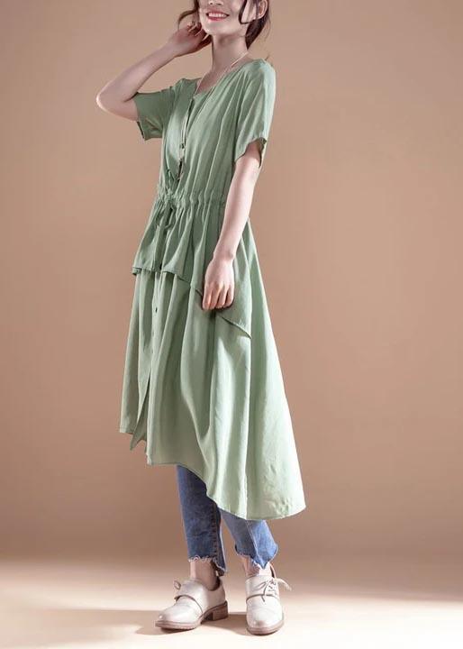 French Cotton Dress V Neck Short Sleeve Casual Green Single Breasted Dress - Omychic
