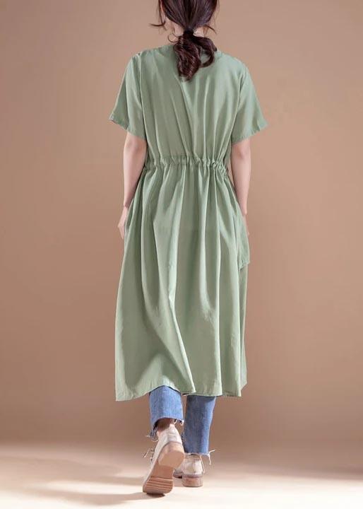 French Cotton Dress V Neck Short Sleeve Casual Green Single Breasted Dress - Omychic