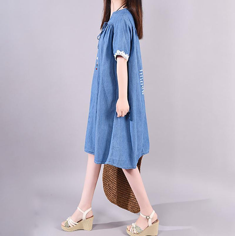 French Cotton quilting dresses Fitted Casual Short Sleeve Loose Denim Drawstring Dress - Omychic