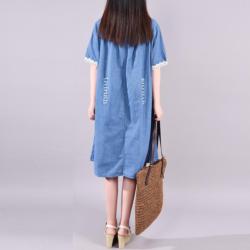 French Cotton quilting dresses Fitted Casual Short Sleeve Loose Denim Drawstring Dress - Omychic