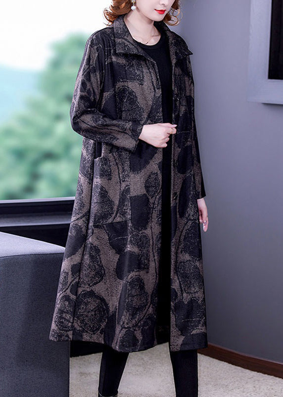 French Dark Gray Print Pockets Patchwork Cotton Long Trench Coat Fall