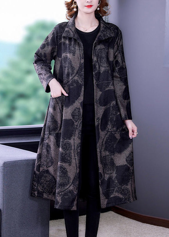 French Dark Gray Print Pockets Patchwork Cotton Long Trench Coat Fall