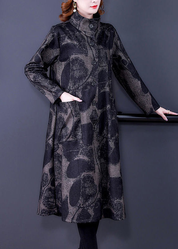 French Dark Gray Print Pockets Patchwork Cotton Long Trench Coat Fall