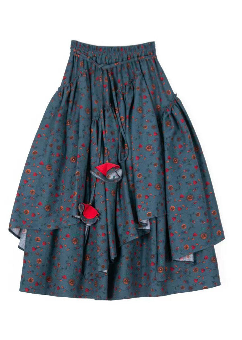 French Dark Grey Floral Tie Waist Print Wrinkled A Line Skirts Fall