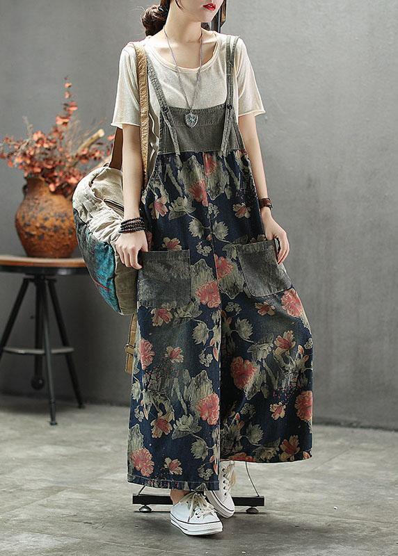 French Dark color Print Patchwork Pockets denim Outfits Rompers