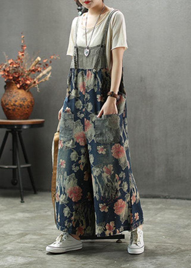 French Dark color Print Patchwork Pockets denim Outfits Rompers