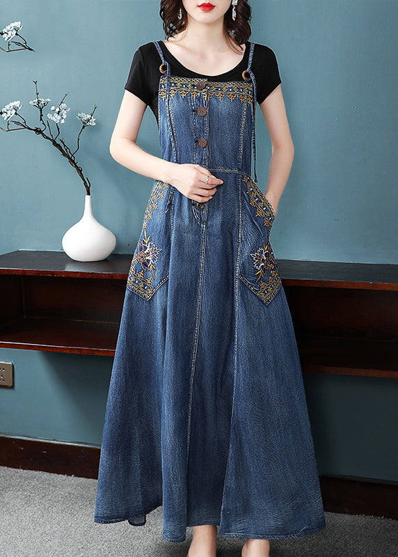 French Denim Blue Embroideried Button Pockets Cotton Spaghetti Strap Dresses Summer