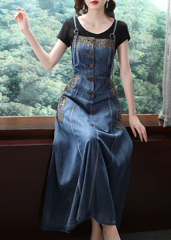 French Denim Blue Embroideried Button Pockets Cotton Spaghetti Strap Dresses Summer