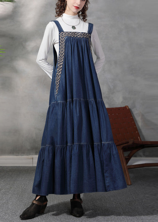 French Denim Blue Embroideried Exra Large Hem Cotton Strap Dress Summer