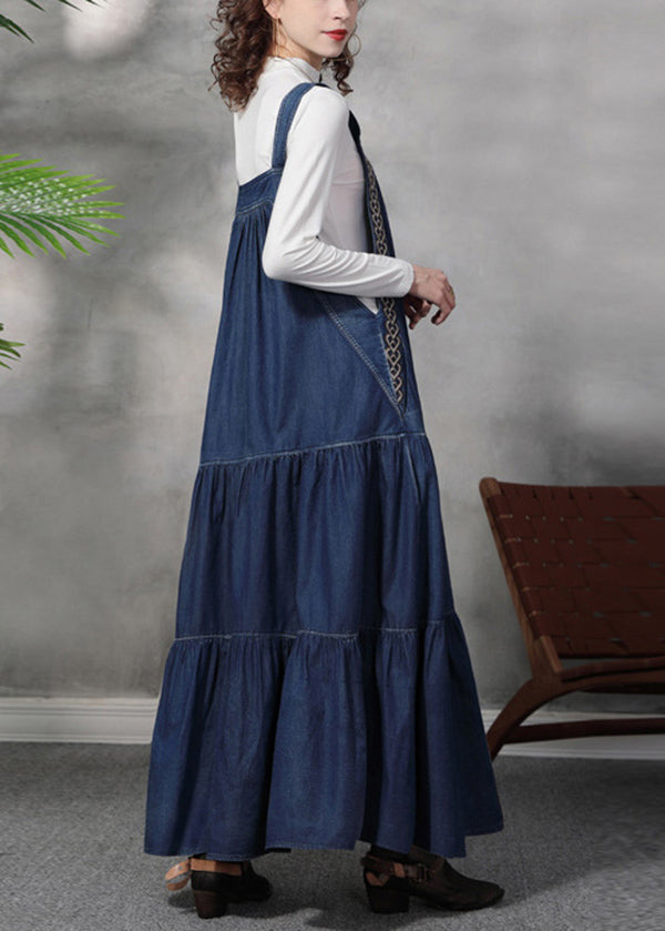 French Denim Blue Embroideried Exra Large Hem Cotton Strap Dress Summer