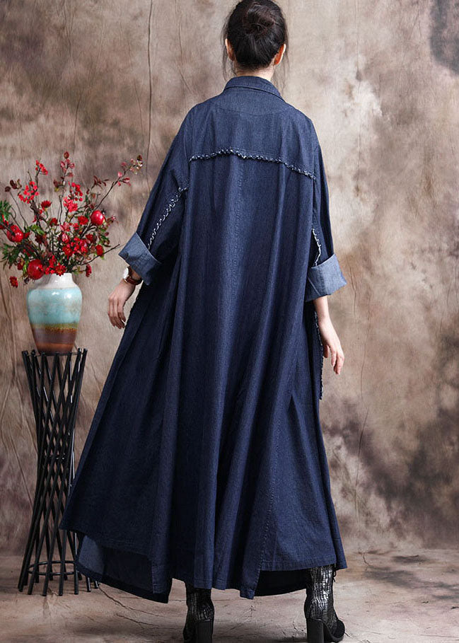 French Denim Blue Peter Pan Collar Patchwork Tassel Cotton Trench Coats Long Sleeve